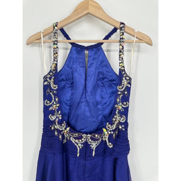 Mac Duggal Beaded Sequin Halter Maxi Prom Dress Cut-Out Open Back Sparkle Gown - Picture 9 of 13